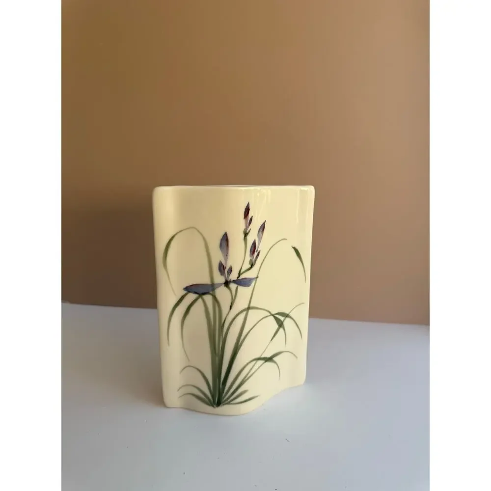 Signed Studio Pottery Vase | Purple Iris Art  Hand Painted Floral Vase Botanical